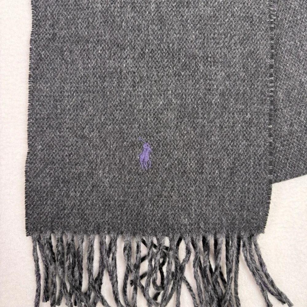 Polo Ralph Lauren Black 100% Lambswool Scarf Purple Pony Fringe Made In‎ Italy